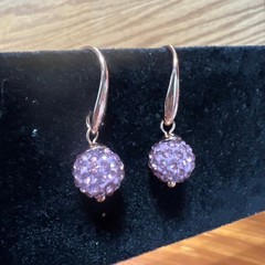 Vintage Pink Crystal Pavé Disco Ball Drop Earrings Silver Tone French Wire Hook