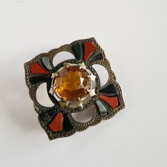 Vintage Scottish Agate Square Pin Brooch Celtic Orange Warm Tones Unsigned