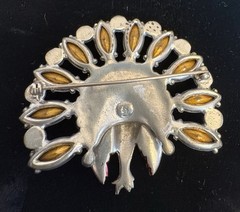 30s Vintage Pot Metal Peacock Brooch Amber Glass Marquise Pave Rhinestones 2.5″
