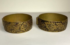 Vintage Brass Handcuff Double Bangle Bracelets Engraved With Floral Motif