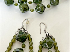 Vintage Long Lightweight Green Triple Beaded Necklace Earring Set