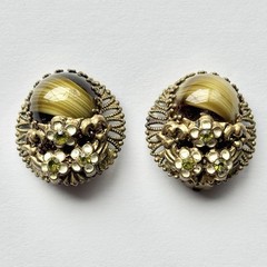 Green Porphyry Glass Cabochon Brass West Germany Vintage Clip On Earrings
