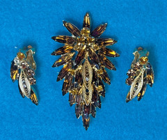 3 piece SET Vintage Topaz JULIANA Filigree Rhinestone Brooch/Pendant & earrings