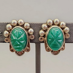 Vintage Tribal Mask Earrings Mexico Screw Back Green Onyx Stone 1″