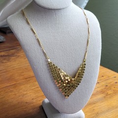 Vintage Gold Mesh Bib Necklace w Dainty Chain 1970s Disco Style