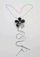Blue Crystal Flower Necklace Bolo Tie Silver tone snake Chain 36 in STUNNING