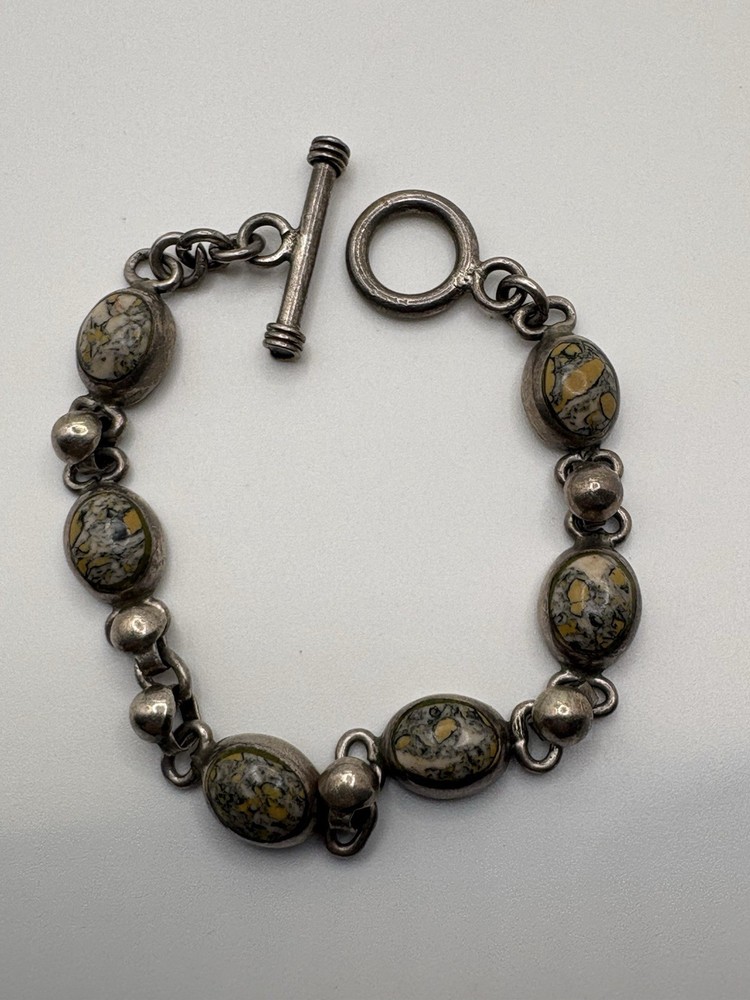 Vintage Sterling Silver Bird’s Eye Jasper Toggle Bracelet 6” Small Wrist