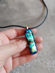 Vintage necklace precious metal foil art glass pendant on neoprene cord 19″