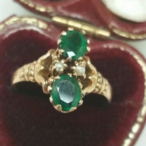 Antique Victorian 10K Gold Genuine 0.80ct Emeralds & Pearl Ring