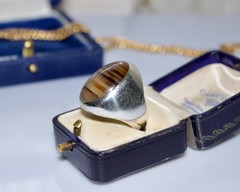 Vintage Handmade Sterling Silver Banded Agate Signed Bold Signet Ring Size 9.5