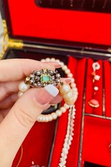 Antique 24″ Pearl Necklace, 18k Diamond Emerald Clasp, Spain Estate, 8 Diamonds