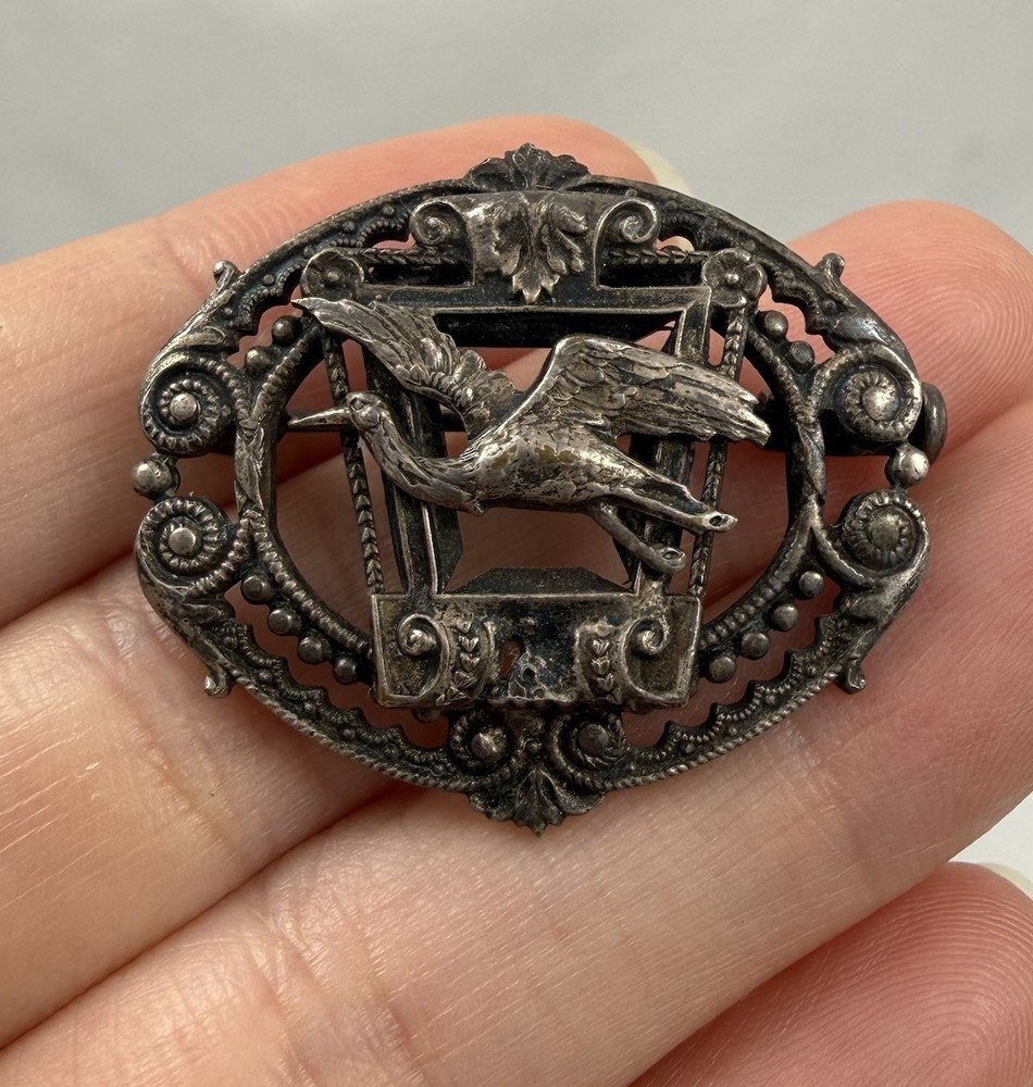 Art Nouveau Art Deco Sterling Silver Stork Crane Bird Brooch Pin 6 Grams