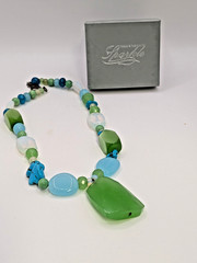 Vintage Blue Green Glass Pendant Necklace Satin Opalite