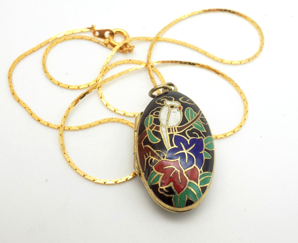 Vintage Cloisonne Pendant Locket Necklace Enamel Bird Leaf Black White Red