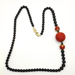 Asian Chinese Inspired Red Carved Cinnabar Black Onyx Bead Beaded Necklace 33 In