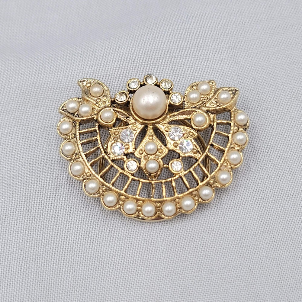 Vintage Scarf Slide Gold tone Rhinestone Faux Pearl Open Work 1.75″