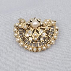 Vintage Scarf Slide Gold tone Rhinestone Faux Pearl Open Work 1.75″