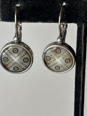 Vintage Silver Tone Leverback Earrings Round Disc Geometric Dot Etched Dangle