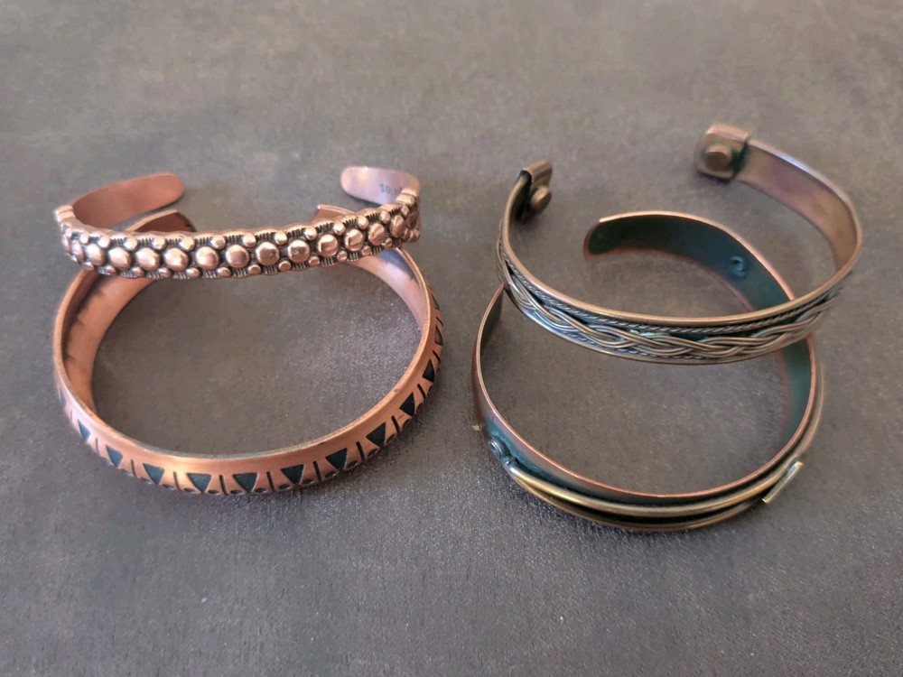 Lot of 4 Vintage Solid Copper Cuff Bracelets Southwestern Stamped Message Stack
