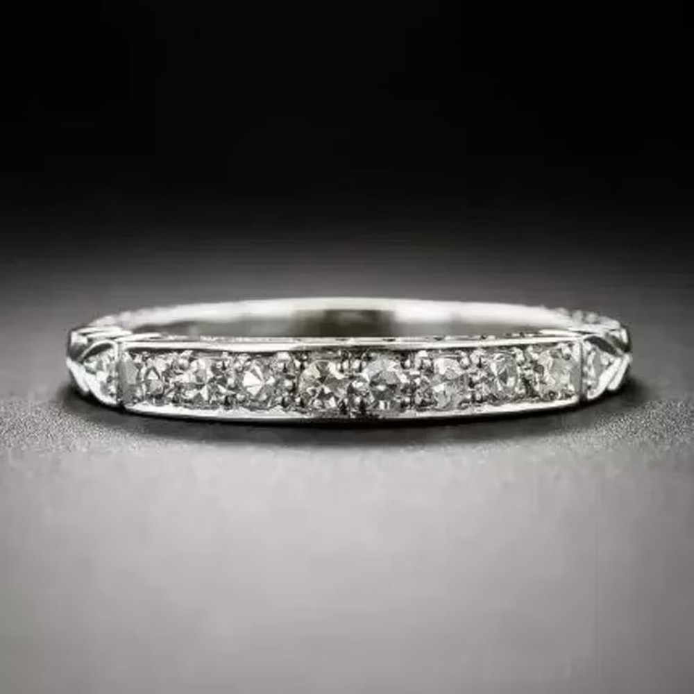 Vintage Retro Circa 1880s Art Deco Style Lab-Created Diamond Wedding Silver Ring