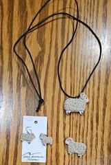 Sheep Pin, Matching Earrings And Ram Pendant Necklace Ceramic Animal