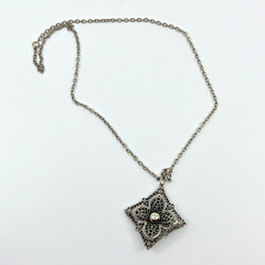 Vintage Retro Silver Tone Filigree Square Pendant Necklace Ornate Boho Style
