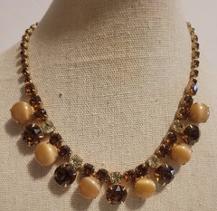 Vintage Necklace Earring Citrine Amber Color Brown Lrg Round Rhinestone 15″ Set
