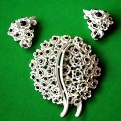Enamel Flower Brooch Earrings Set Rhinestone Black White Vintage Clips