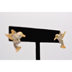 Vintage Hummingbird Earrings Stud Rhinestone Crystal Pave Gold Tone 1990s BinAZ