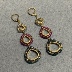 Long Teardrop Drop Earrings 3.5 In Gold Pink Blue Seed Beads Dangle Retro Glam