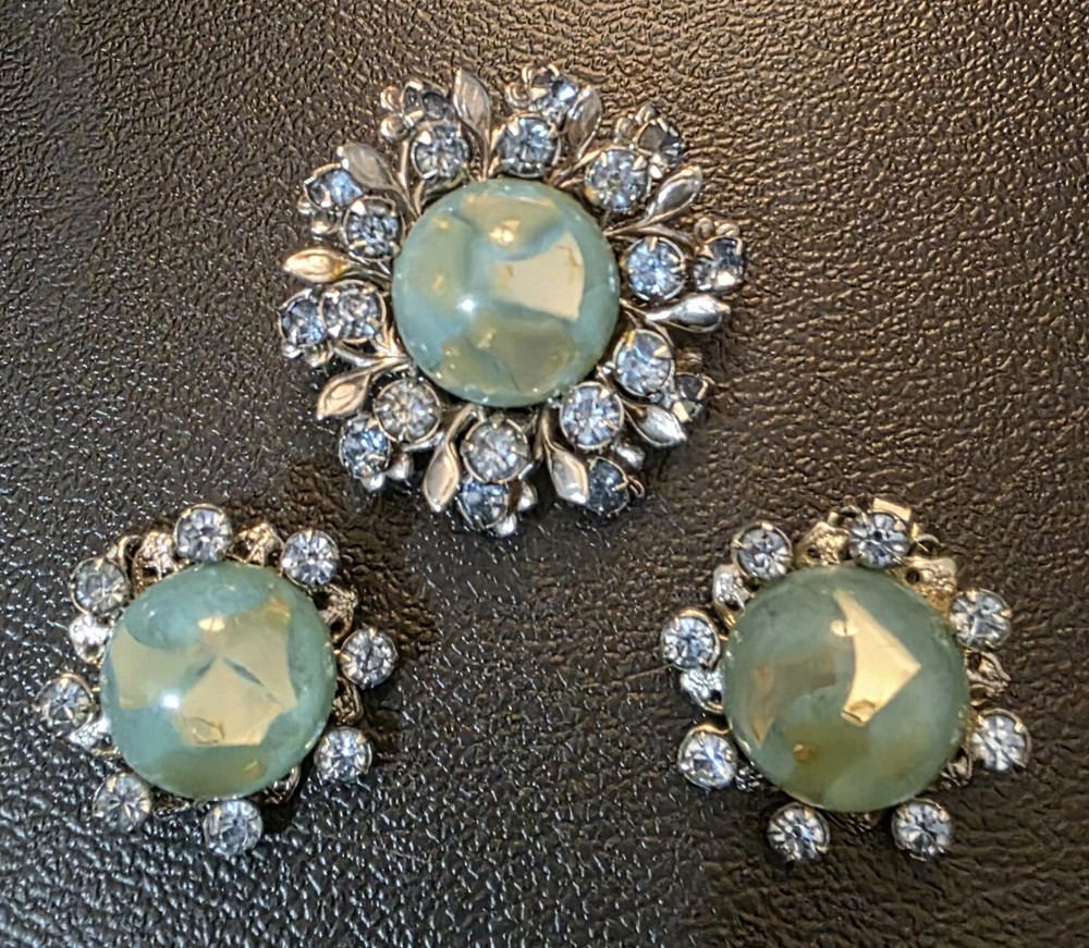 Vintage Cabochon Brooch Pin Earring Set Blue Green Artsy Stone Rhinestones