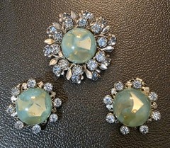 Vintage Cabochon Brooch Pin Earring Set Blue Green Artsy Stone Rhinestones