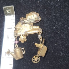 Vintage Cottage Garden Brooch with Wheelbarrow Rose Watering Can Charms