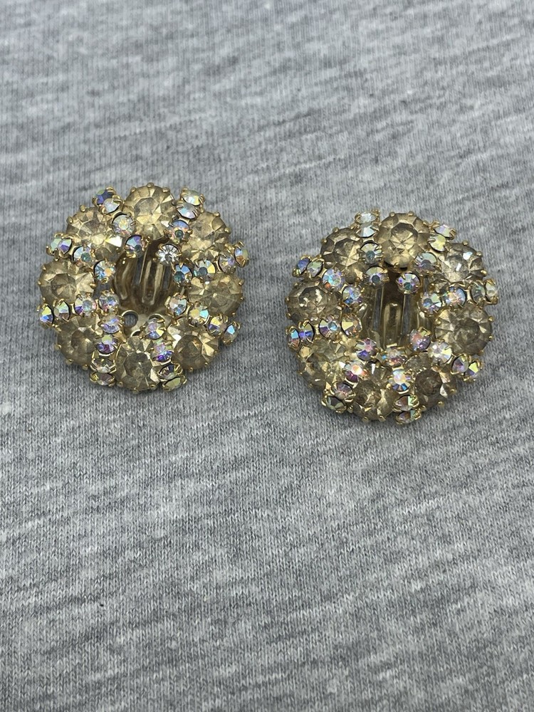 Vintage Signed Weiss Goldtone Clear And AB Crystals Rhinestones Clip On Earrings