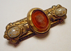Vintage Victorian Revival Glass Lady Intaglio & Cabochon Brass Bar Pin Brooch