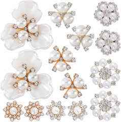 14 PCS Pearl Flower Buttons Vintage Rhinestone Wedding Brooches Crystal Jewelry
