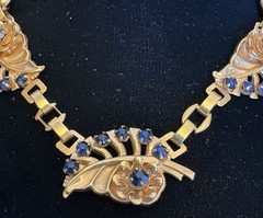 40s Retro Barclay Goldfilled Necklace Blue Rhinestone Floral Multi Tone Gold GF