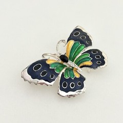 Vintage Blue Green Yellow Enamel Butterfly Silver Tone Rhinestone Brooch Pin