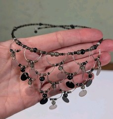Vintage 90s Y2K Gothic Style Silver Tone Black Beaded Adj Choker Necklace