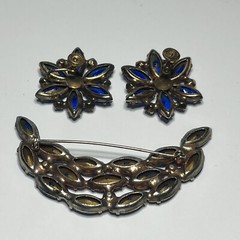 Vintage Unsigned Royal Blue Glass and Rhinestone Brooch and Earring Set