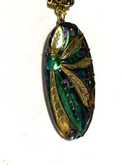 NEW LISTING*RARE ART-DECO IRIDESCENT CZECH GLASS DRAGONFLY NECKLACE.Peacock.g