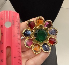 Vintage CAPRI Floral Sun Circle Gold Tone Multicolor Rhinestone Brooch