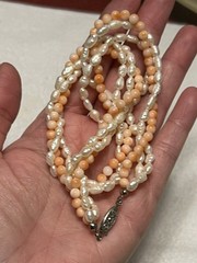 ESTATE TWISTED 3 GENUINE CORAL ORANGE AND PEARL NECKLACE SILVER TONE 16”