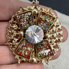 Vintage Necklace Gold Tone Foiled Art Glass 23”