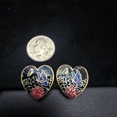 Cloisonne Butterfly Heart Earrings Enamel Black Purple Vintage Jewelry