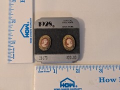 Vtg 1980s 1928 Steel Post Cameo Earrings, Peach, White, Antiqued Gold Tone Oval.