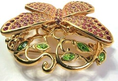 2002 Swarovski Swan Mark Signed Butterfly Brooch Pin Pink Green Rhinestones