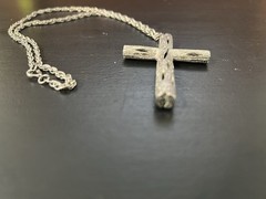 Brutalist Cross Necklace Large Rustic Pendant Wood Look Silver Tone Christian