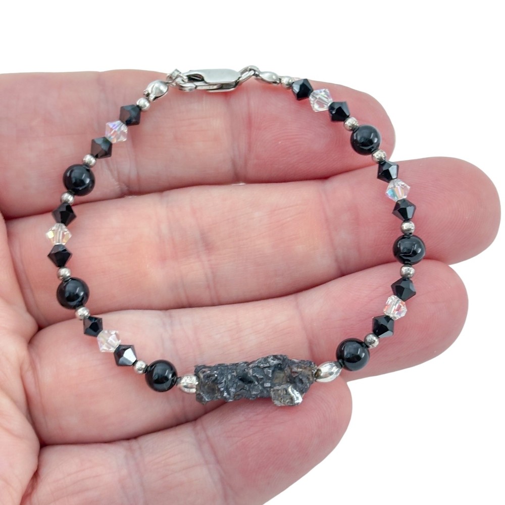 Vintage Sterling Silver 925 Onyx Crystal Black Bead Raw Stone Bracelet 6.5″