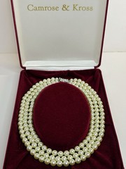 Camrose & Kross Jacqueline Kennedy 3 Strand Glass Pearl Necklace w/ Original Box
